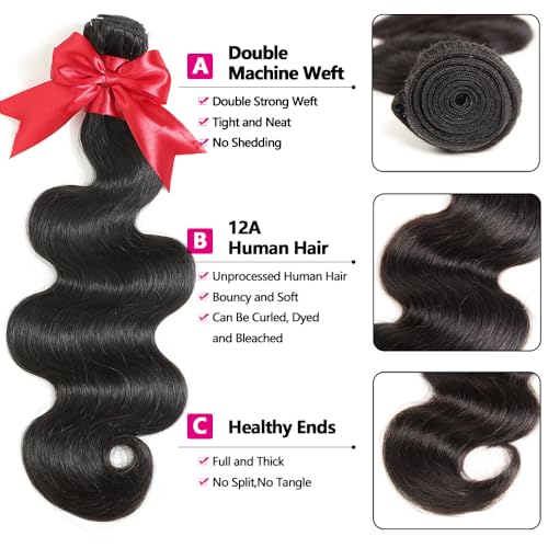 12A Human Hair Bundles with Closure 16 18 20 with 14 Inch Brazilian Body Wave 3 Bundles Human Hair with 4x4 HD Lace Closure 100% Unprocessed Virgin Human Hair Weave