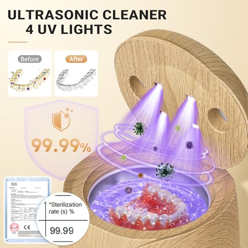 Ultrasonic Retainer Cleaner Machine - 45kHz Ultrasonic Cleaner Deep Cleaning for Mouth Guard, Denture, with UV, Digital Timer, 200ml Dental Cleaning Tank, Wood grain,2 Modes,Quiet & Safe Design