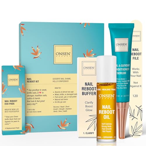 Onsen Secret Complete Nail Reboot Kit w/Nail Reboot Oil 10ml, Nail File 120/180 Grit Double Sided, A 3-Way Nail Buffer Block & Cuticle Serum-15ml w/Cuticle Oil in Action-Super Value Pack