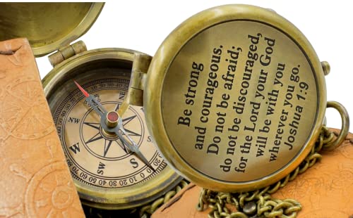 Be Strong and Courageous Brass Religious Compass Gift Confirmation Baptism Easter Christian Catholic Graduation Trekking Adventure Engraved Scripture Prayer Gift for Men Women Teenage Boys Girls