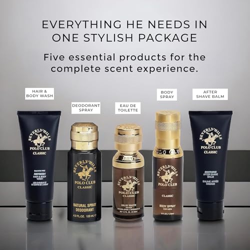 Beverly Hills Polo Club BHPC Cologne 5 Piece Gift Set for Men | Eau de Toillete, Deodorant, Shower Gel, Body Wash, Body Spray Fragrances (Classic)