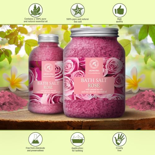 Rose Bath Salts 21.16 Oz - Natural Rosewood Oil & Rose Extract - Best for Relaxing - Good Sleep - Beauty - Bathing - Body Care - Wellness - Relax - Aromatherapy - Spa - De-Stress Bath Salts 600g