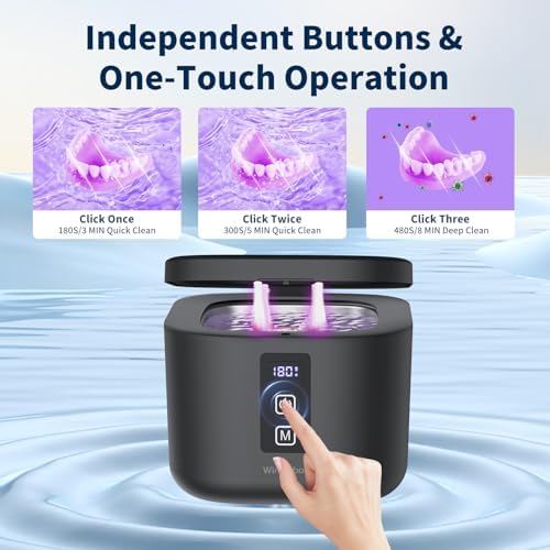 Retainer Cleaner, Ultrasonic Retainer Cleaner Machine 48kHz for Dentures, Mouth Guards, Braces, Toothbrush Heads, Jewelry, Ring Jewelry Cleaner with 300ML Capacity, 4 Modes Clean - Black