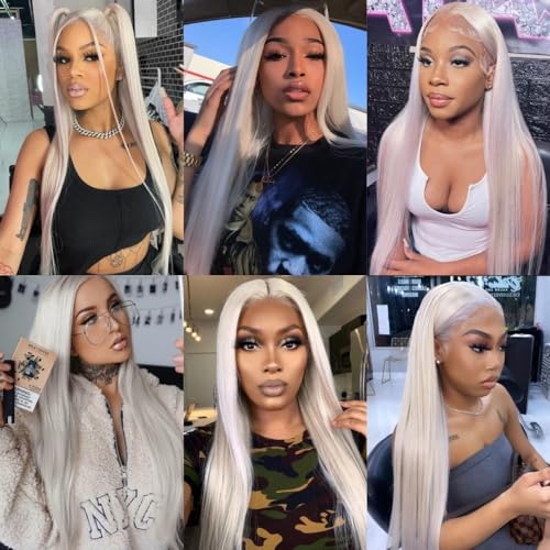 Platinum Blonde Synthetic Lace Front Wig Pre Plucked Ready to Wear 13x4 HD Glueless Straight Lace Front Wig for Women Natural Looking Synthetic Heat Resistant Fiber Platinum Blonde Wig (26 Inch)