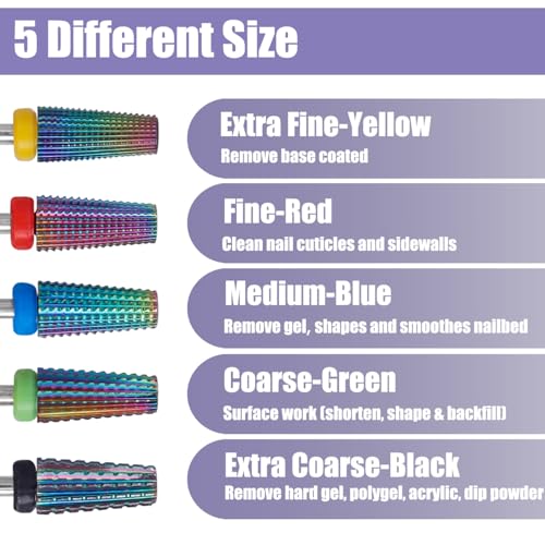 Yakamoz 5Pcs Carbide Nail Drill Bits Set, 3/32 Inch Shank Professional Nail File Drill Bits XC C M F XF Nail E File Bits Safety Efile Nail Bits for Acrylic Nails Gel Polish Manicure, 2 Way Rotate