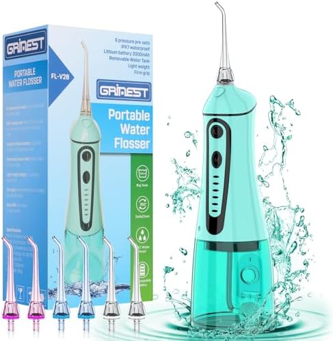 Water Dental Pik Flosser,Grinest 7 Modes Rechargeable Water Dental Picks for Teeth Cleaning Cordless Oral Irrigator Portable IPX7 Waterproof Tooth flossers for Home Travel-Green