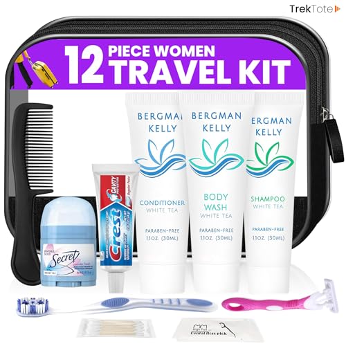 Trektote Travel Toiletry Kit For Women – (50 Pack) 12 Piece Set Of Travel Size Toiletries, TSA Compliant, Travel Essentials, Includes Shampoo And Conditioner, Body Wash, Toiletry Bag & More