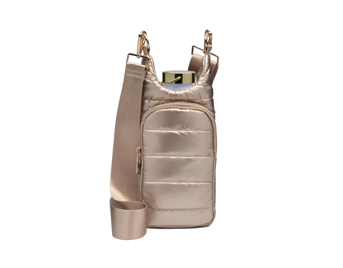 WanderFull Original Crossbody HydroBag | Quilted Water Bottle Carrier | Puffer Tote Tumbler Holder with Pockets for Purse, Phone & Accessories | Carry Travel Essentials (Gold Shiny/Solid Gold Strap)