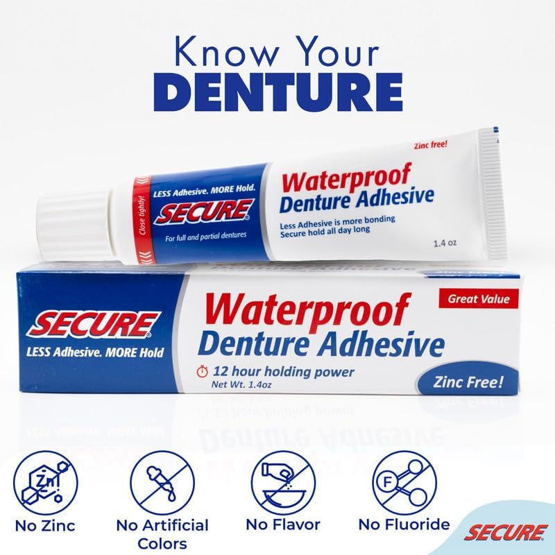 Secure Waterproof Denture Adhesive - Zinc Free - Extra Strong 12 Hour Hold - 1.4 oz (Pack of 2)