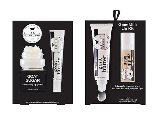 Dionis Goat Milk Lip Care Set – Original Sugar Lip Scrub & Overnight Mask + Vanilla Bean Overnight Lip Mask & Balm Duo for Deep Hydration and Chapped Lip Repair