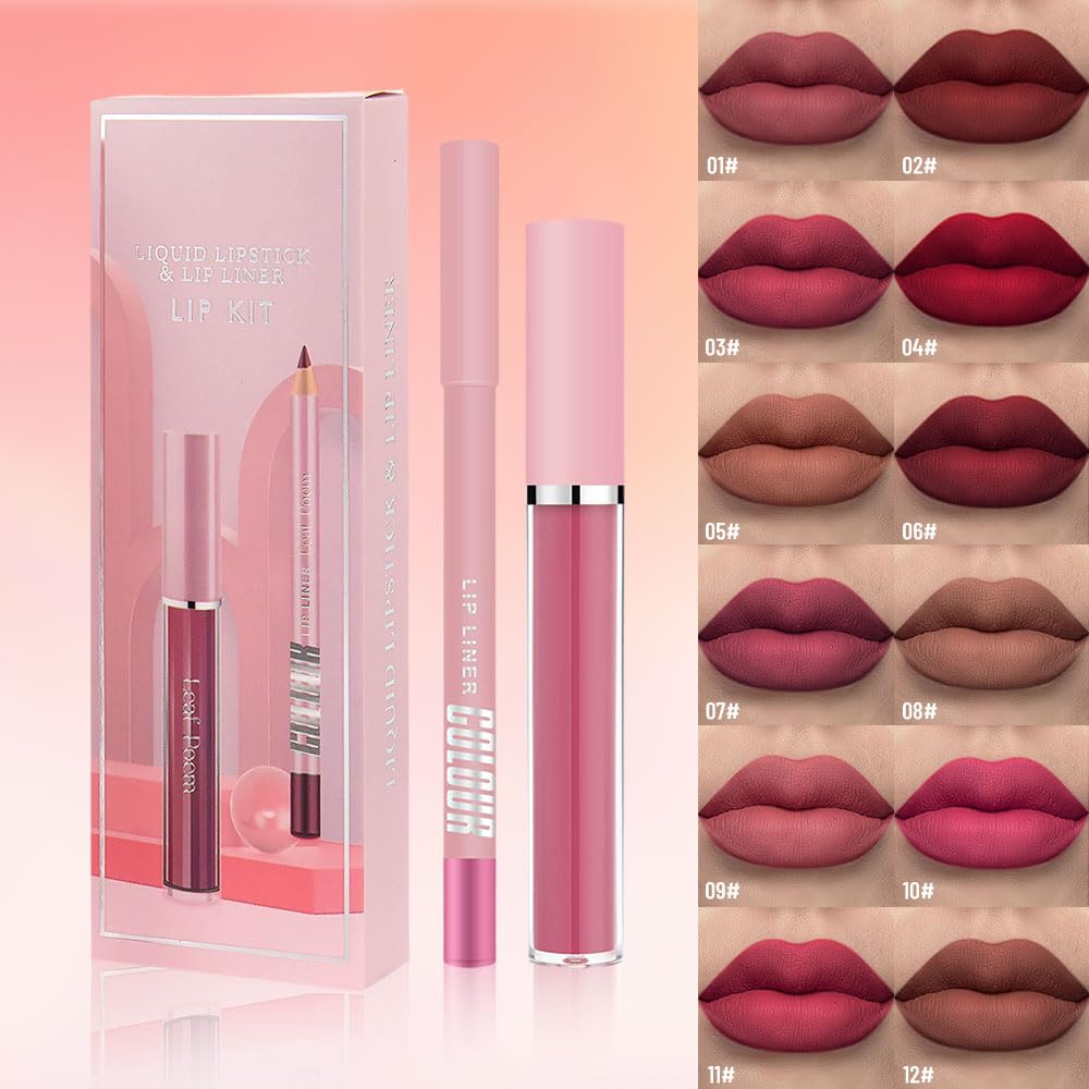 Matte Lip Liner Lip Gloss Set, Long Lasting Waterproof Lip Gloss Set, Long-Lasting And Hydrating Beauty Daily Cosmetics Gift for Girls,High Pigment Not Easy to Lip Stains, Bright Pink