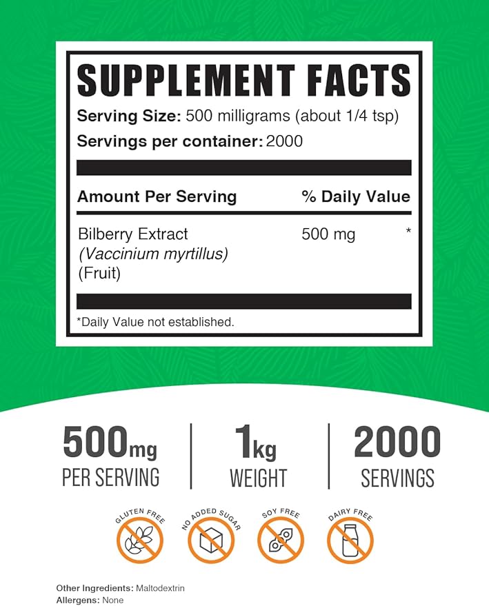 BulkSupplements.com Bilberry Extract Powder - Bilberry Fruit Extract, Bilberry Powder, Bilberry Supplement for Eyes - Glulten Free, 500mg per Serving, 1kg (2.2 lbs) (Pack of 1)