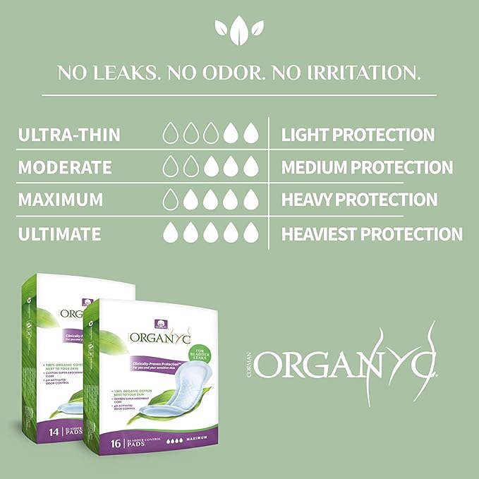 Organyc 100% Organic Cotton Inside and Out Incontinence Pads for Bladder Leaks, FSA/HSA Eligible, Maximum Flow, 16 Count