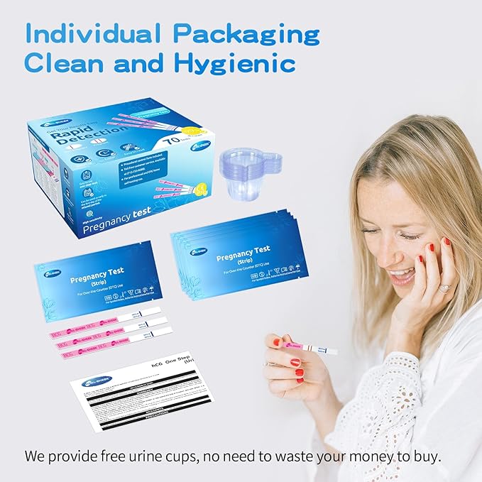 Pregnancy Tests with Cup, HEAL-CHECK Bulk Pregnancy Test Strips for Home Detection, Over 99% Accuracy, Individually Wrapped, 5mm Width HCG Test Kit, Fertility Value Pack, FSA HSA Eligible, 70 Count