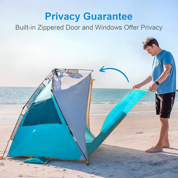 WolfWise 3-4 Person Easy Up Beach Tent UPF 50+ Portable Instant Sun Shelter Canopy Umbrella with Extended Zippered Porch, Blue