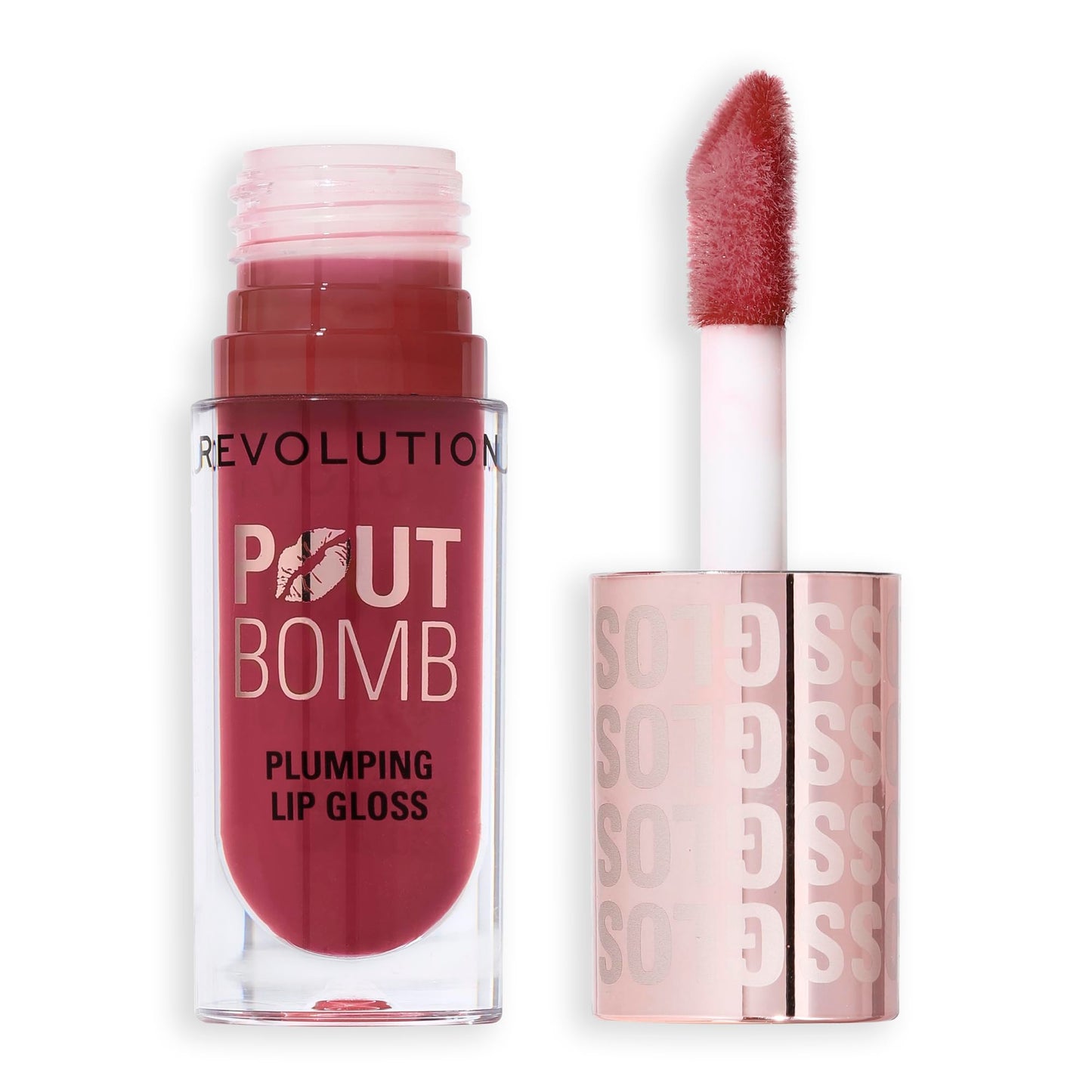 Revolution Beauty, Pout Bomb Plumping Lip Gloss, High-Shine for Glossy, Fuller & Plump Lips with Hyaluronic Acid & Peptides, Vegan & Cruelty-Free, Deep Rosewood Rose Pink, 0.15 Fl Oz