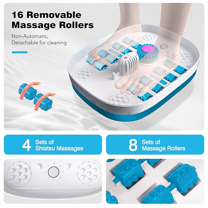 Collapsible Foot Spa Bath with Heat, Remote Control, Temperature Control, Bubbles, Red Light, Pumice Stone, 16 Massage Roller Pedicure Foot Spa Tub Foot Soaker for Soothe & Relax Tired Feet