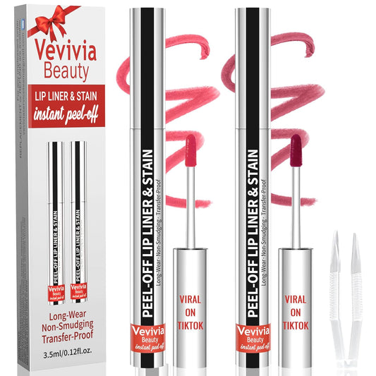 2pcs Lip Stain Peel Off - Lip Liner Stain Long Lasting Waterproof,2-in-1 Lip Liner with Tweezer Nude Matte,Non-Stick Cup,Highly Pigmented，Natural Finish,Stay On All Day,Perfect for Gift (Nude+Mauve)