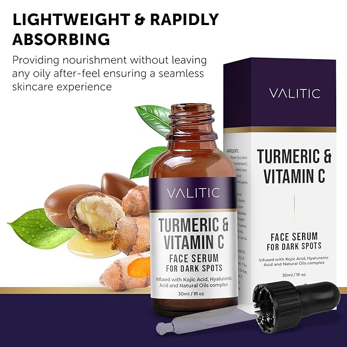 VALITIC Vitamin C Serum - Anti Aging and Dark Spot Remover for Face, Skin Care with Hyaluronic Acid, Collagen, Kojic Acid, Turmeric Oil - Brightening Face Serum 1 fl oz
