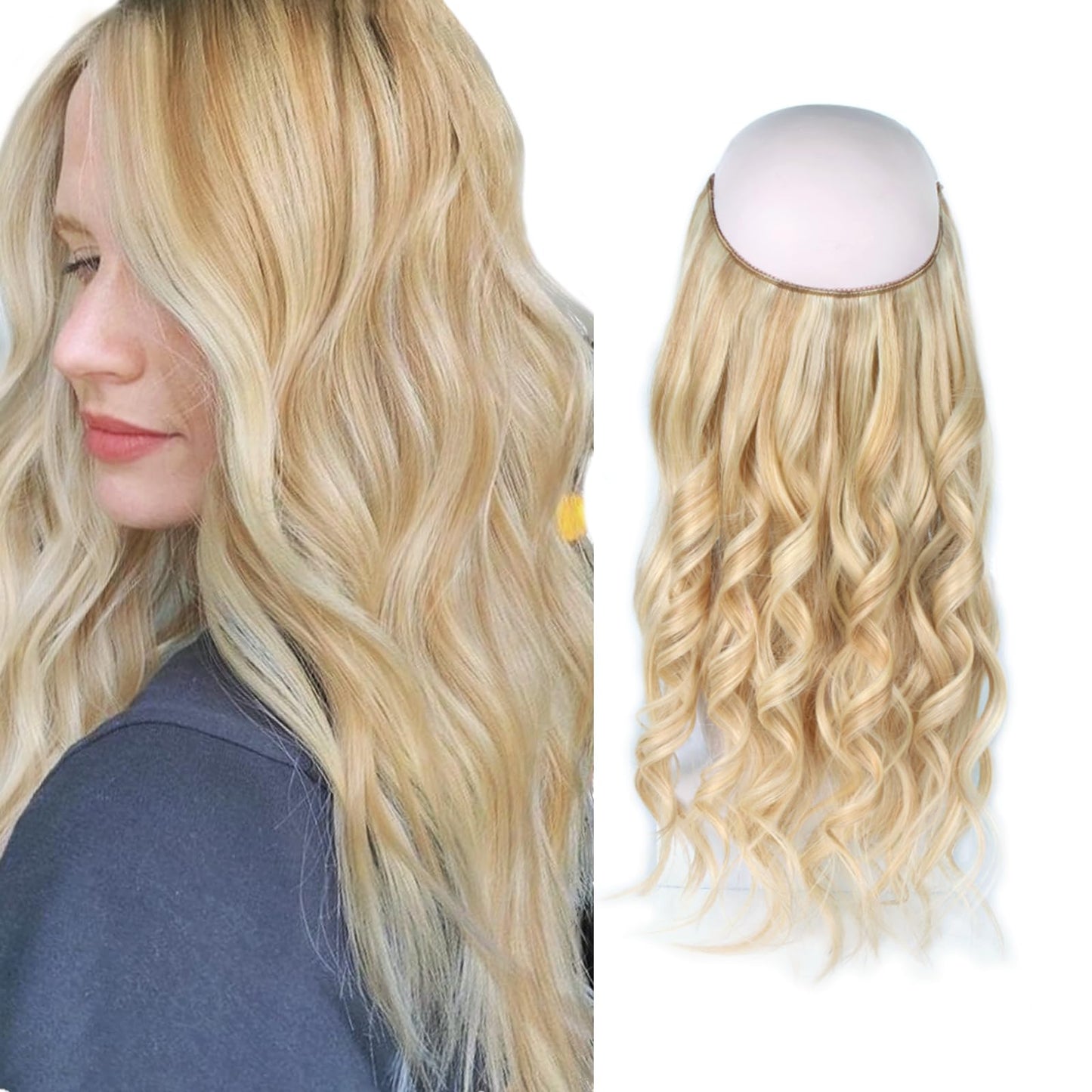 Sassina Invisible Wire Hair Extensions Real Human Hair with Transparent Wire Adjustable Size Secure Clips Natural Straight Secret Miracle Hairpiece, Highlight P18-613 12 Inch 70 Gram