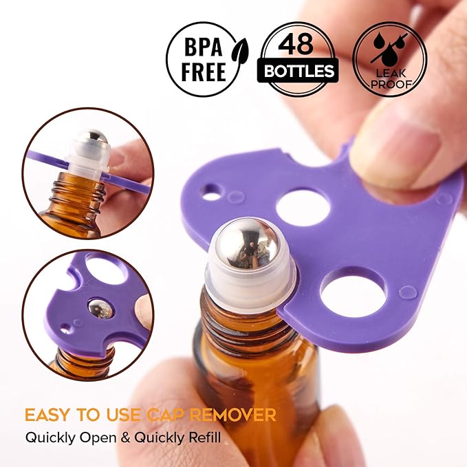 Essential Oil Roller Bottles, 48 Pack Hoa Kinh 10ml Empty Glass Amber Roller Bottles UV Protection with Stainless Steel Balls (10ml-48pack)