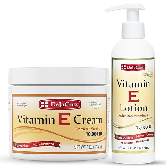 De La Cruz Vitamin E Cream for Face + Vitamin E Lotion for Skin Bundle - Moisturizing Skin Care for All Skin Types - Made in USA