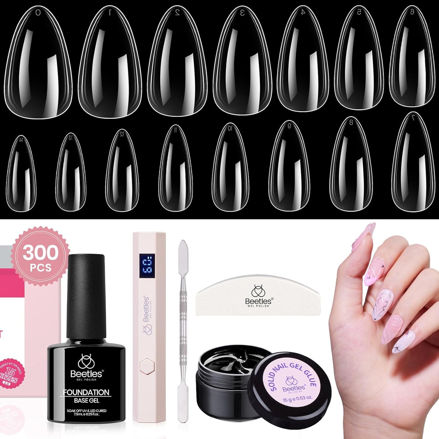 Beetles Gel Nail Kit, 300Pcs Almond Medium Nail Tips with Solid Nail Gel Glue,15 Sizes Soft Clear Nail Tips with Base Coat, Handheld Nail Lamp, Easy Nail Extension Set DIY Manicure Art Gift for Girls
