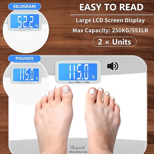 LEEPENK Talking Scales for Body Weight, Highly Accurate Digital Talking Bathroom Scale with Large LCD Screen, Auto On & Off, Talking Scales for Visually Impaired or Elderly, Includes Batteries, 551 Lb