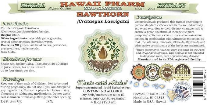 Hawthorn Alcohol-Free Liquid Extract, Hawthorn (Crataegus Laevigata) Dried Leaf and Flower Glycerite Hawaii Pharm Natural Herbal Supplement 2 oz