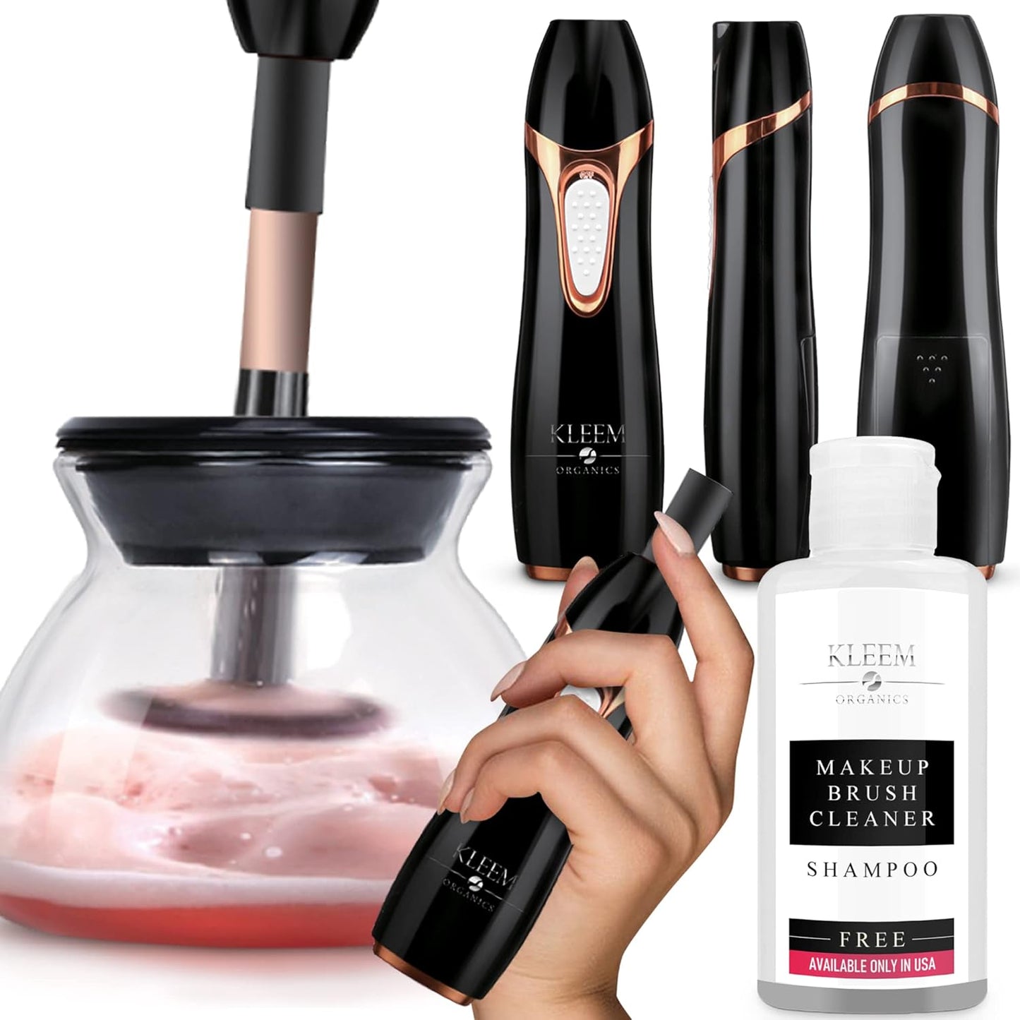 Electric Makeup Brush Cleaner Machine | Automatic Makeup Brush Washer & Spinning Dryer with Free Cleaner Shampoo | Dual-Fiber Bristles for Eyeshadow & Foundation | Made in USA | Black