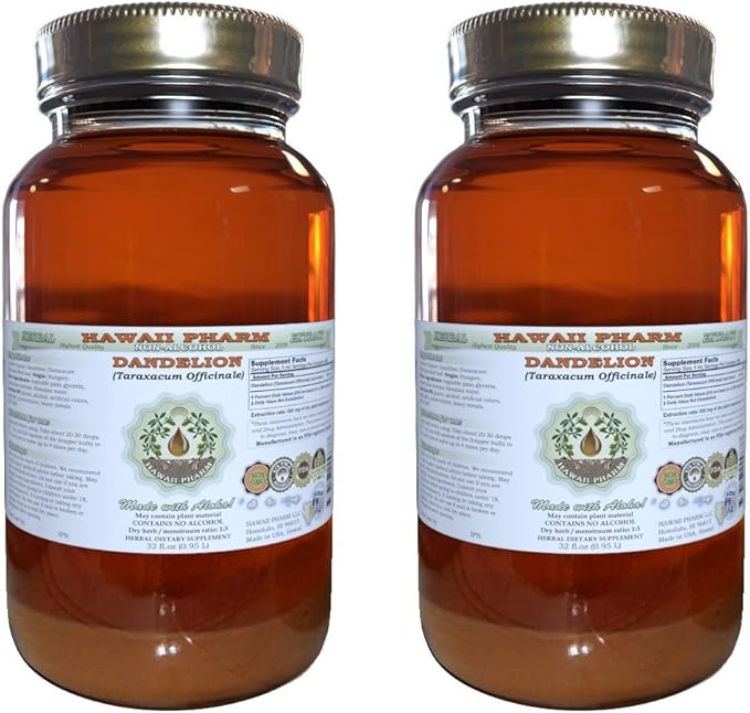 Dandelion Alcohol-Free Liquid Extract, Organic Dandelion (Taraxacum Officinale) Dried Leaf Glycerite Hawaii Pharm Natural Herbal Supplement 2x32 oz Unfiltered