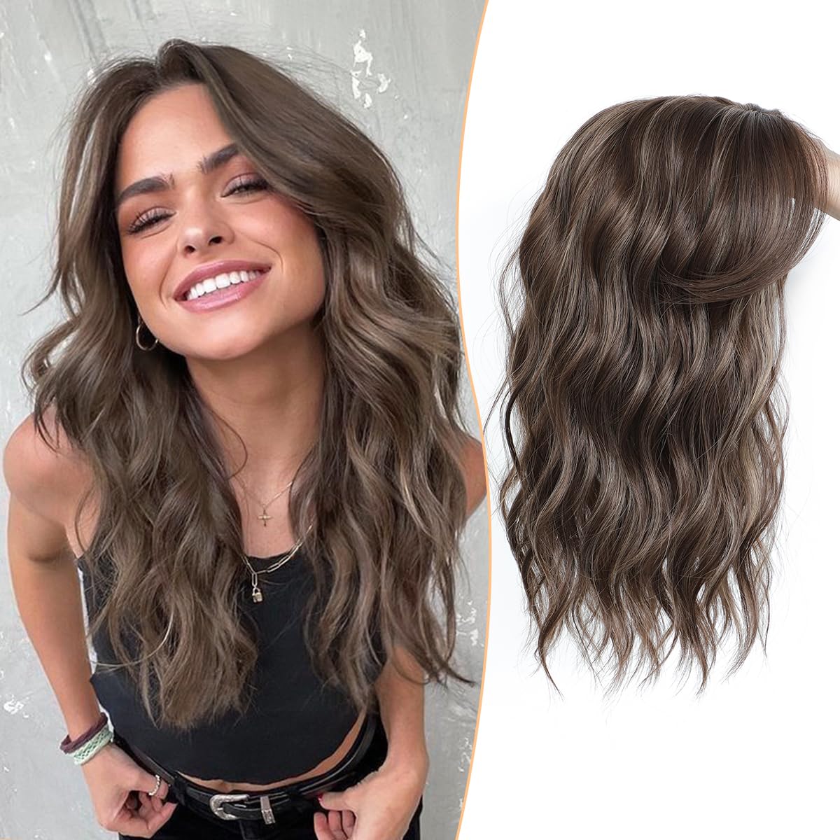 PANEWAY Hair Topper 16Inch Hair Toppers For Women Wavy Curly Brown Highlights Clip In Hair Topper Add Hair Volume Synthetic Wiglets Hair Pieces For Women