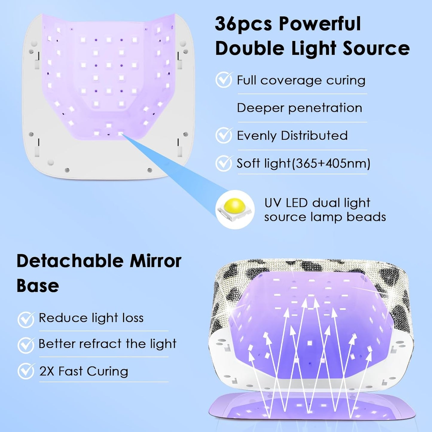 UV LED Nail Lamp Cordless, HUITINE 80W Rechargeable UV Light for Gel Nails with 5 Timers & Mirror Base, Professional Gel Light Dryer, Sparkling Rhinestones Curing Lamp for Salon & Home (Cow Diamond)