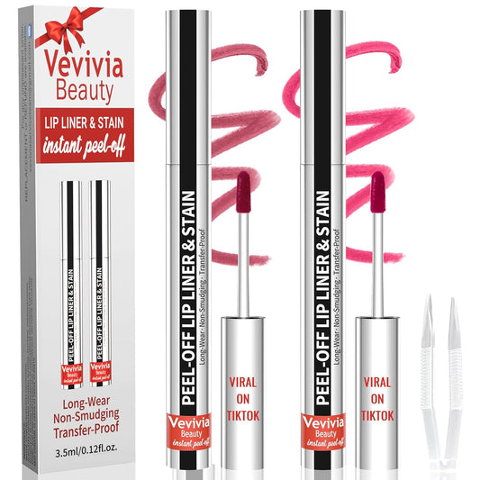 2pcs Lip Stain Peel Off - Lip Liner Stain Long Lasting Waterproof,2-in-1 Lip Liner with Tweezer Nude Matte,Non-Stick Cup,Highly Pigmented，Natural Finish,Stay On All Day,Perfect for Gift (Mauve+Rose)
