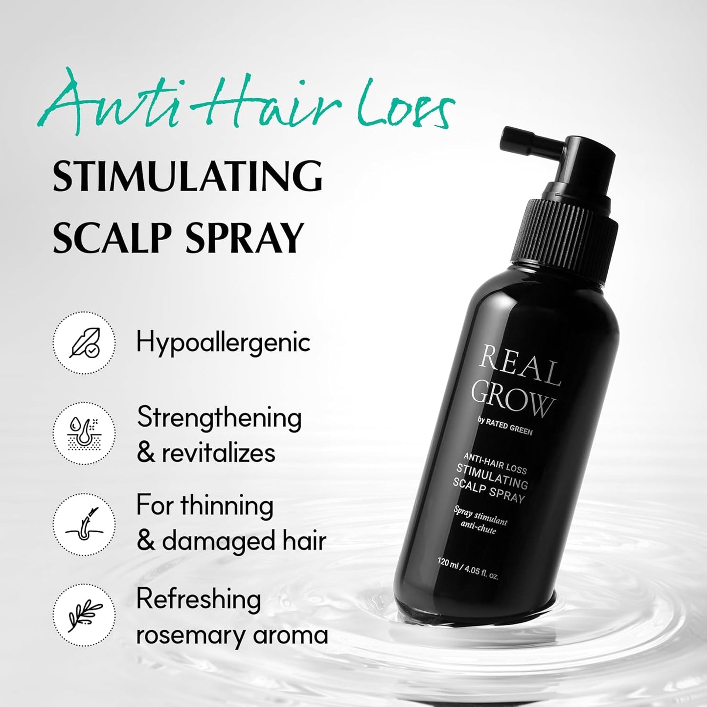 RATED GREEN REAL GROW Anti Hair Loss Stimulating Scalp Spray for Hair Growth, Korean Hair Care, Cold Brewed Organic Rosemary Water Spray for Thinning Hair, 6.06 Fl. Oz