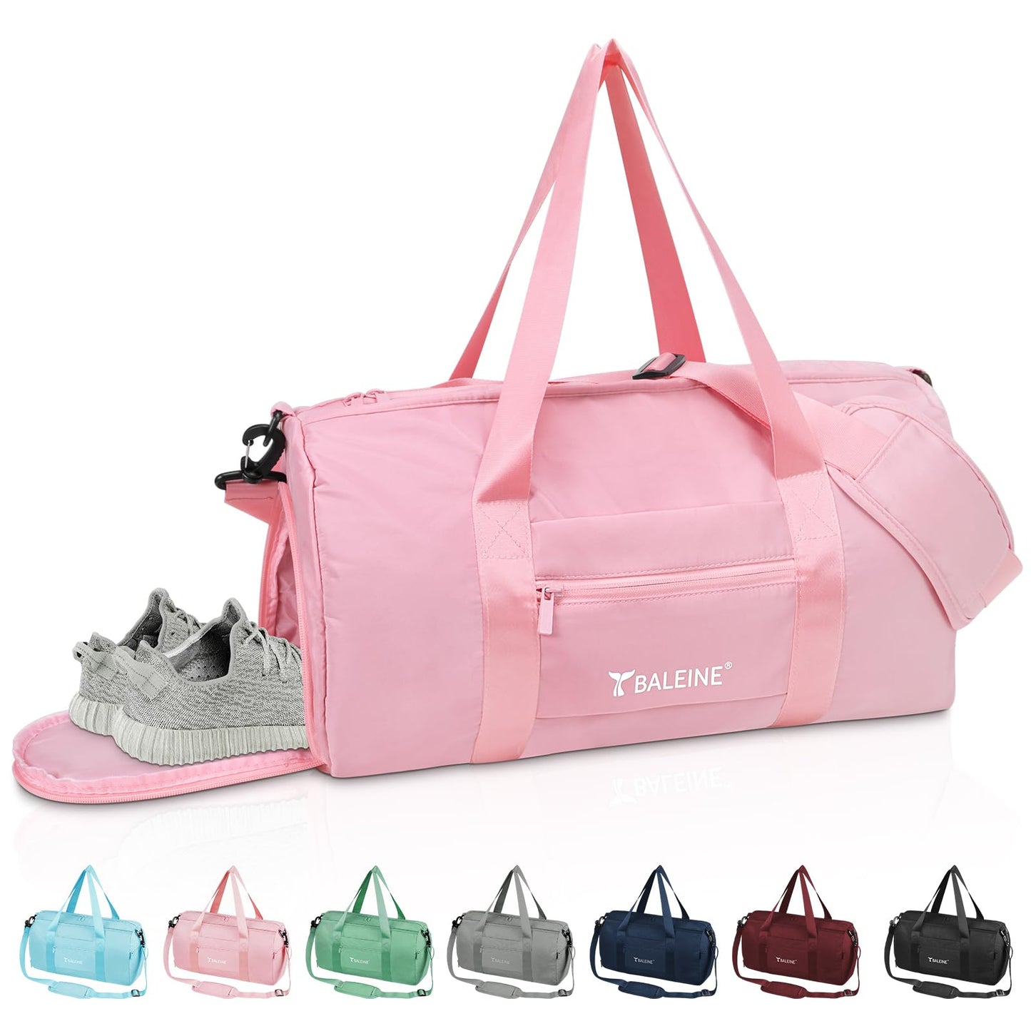 BALEINE Gym Bag for Women and Men, Small Duffel Bag for Sports, Gyms and Weekend Getaway, Waterproof Dufflebag with Shoe and Wet Clothes Compartments, Lightweight Carryon Gymbag (Pink)