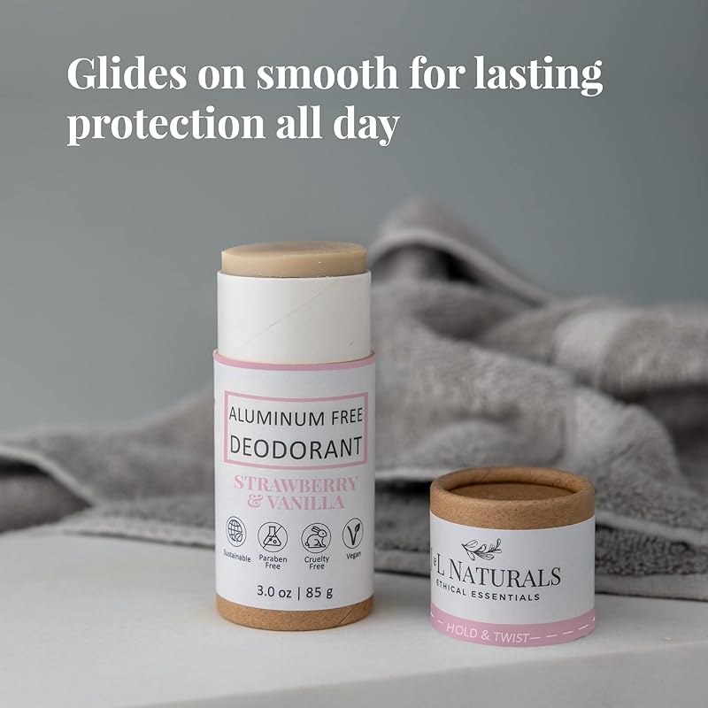 J&L Naturals Aluminum Free Deodorant for Men & Women | 100% Natural Ingredients With Coconut Oil, Shea Butter, & Essential Oils | Sustainable, Eco-Friendly (Strawberry & Vanilla, 3.0 Oz (Pack of 4))