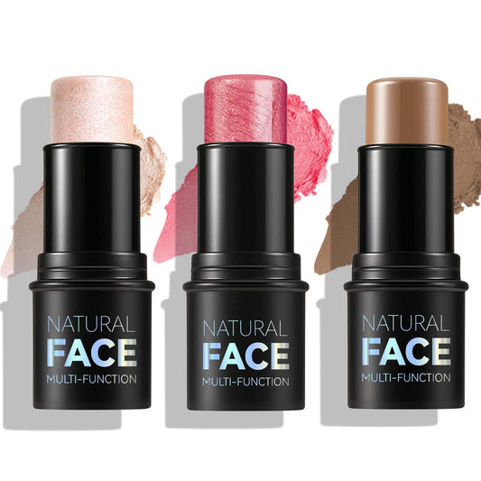 3 Pcs Face Contour Sticks Set - Shades with Highlighter & Blush Sculpted Complexion Wand - Long Lasting Natural Buildable Highlighters & Contouring Bronzer (02, 03, 04)