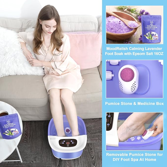 Foot Spa Bath Massager with Heat Bubbles and Vibration Massage and Jets, 16 OZ Calming Lavender Foot Soak Epsom Salt, MoodRelish Foot Soaker With Red Light, 22 Massage Rollers, Adjustable Temp -Purple