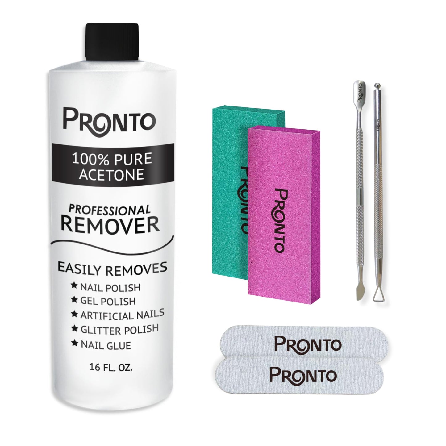 Pronto Pure Acetone 16 oz Nail Polish Remover Gel Nail Kit, Acrylic Nail Kit Including Cuticle pusher, Nail File, Nail Buffer, and Nail scraper- Ideal For Gel Nail Polish & Dip Powder Removal
