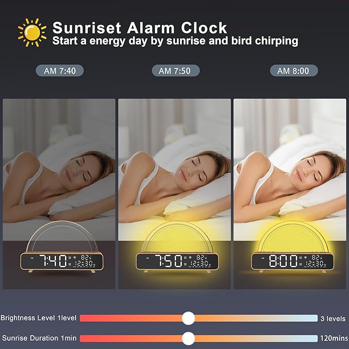 White Noise Sound Machine, Sunrise Alarm Clock APP/AI Voice Control Work for Bedroom, Sound Machine for Sleep with Touch Night Light, Sleep Aid, Snooze Timer, Dual Alarms, Sunrise Simulation