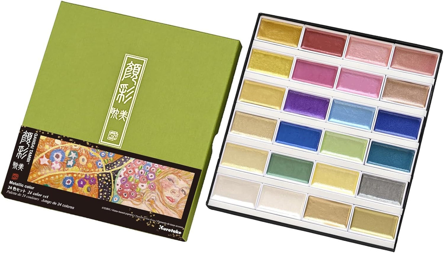Kuretake GANSAI TAMBI Watercolor Paint Set 24 Glittery Colors - Metallic, Professional-quality art supplies for artists adult painting aketching, Non-Toxic, Made in Japan