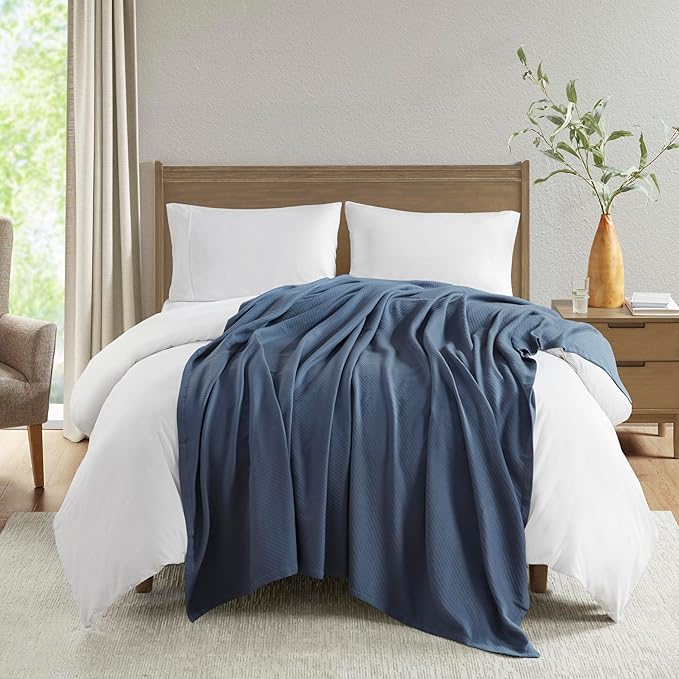 Madison Park Liquid Cotton Blanket Breathable, Softer Ring Spun Weave, Diamond Motif, Luxurious 100% Cotton All Seasons Lightweight Summer Blanket for Bed, Couch, Office, Navy, King