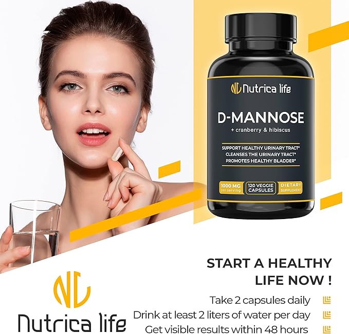 Urinary Tract Infection Treatments D Mannose 1000mg Capsules - Potent D-Mannose & Cranberry Pills with Hibiscus Extract - Strength Urinary Tract Support, Healthy Bladder Control (120 Capsules)