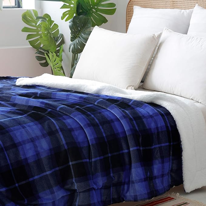 SOCHOW Sherpa Plaid Fleece Throw Blanket, Double-Sided Super Soft Luxurious Bedding Blanket 90 x 108 inches, Blue