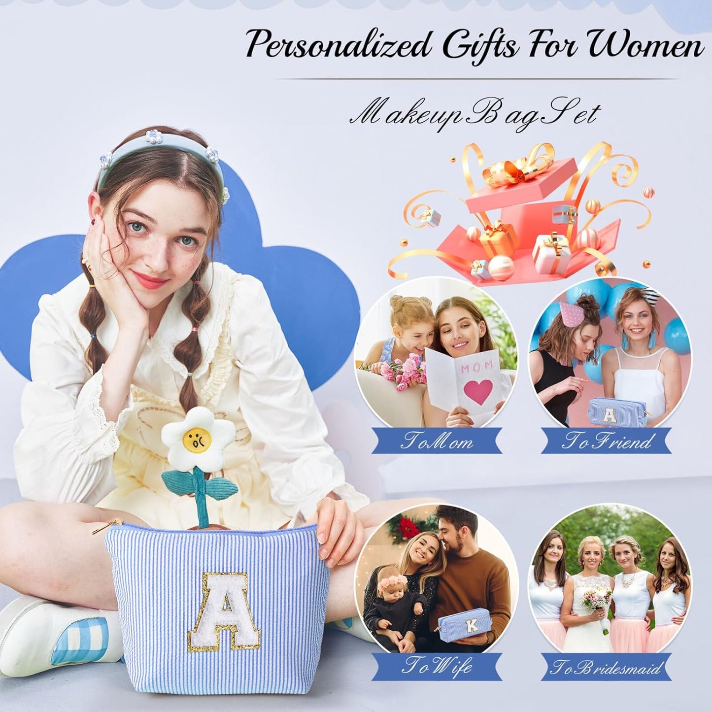 YOOLIFE Personalized Travel Makeup Bag - Cute Cosmetic & Skin Care Bag for Sister, Wife, Friend, Engagement, Wedding, Mother's Day Gift