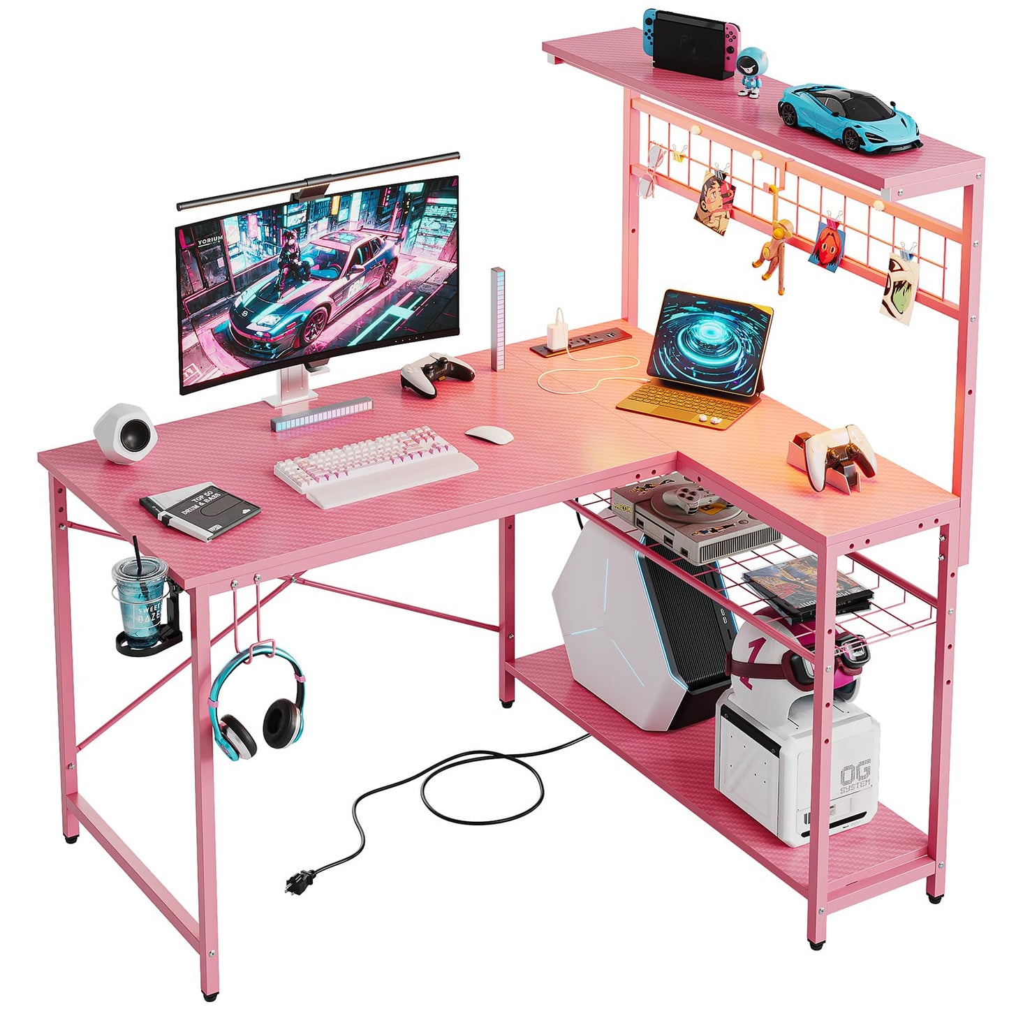 Bestier 42 L Gaming Desk,Computer Desk with Power Outlets, LED Lights, Reversible Corner Desk with 4-Tier Shelves,Cup Holder & Hook Carbon Fiber Pink