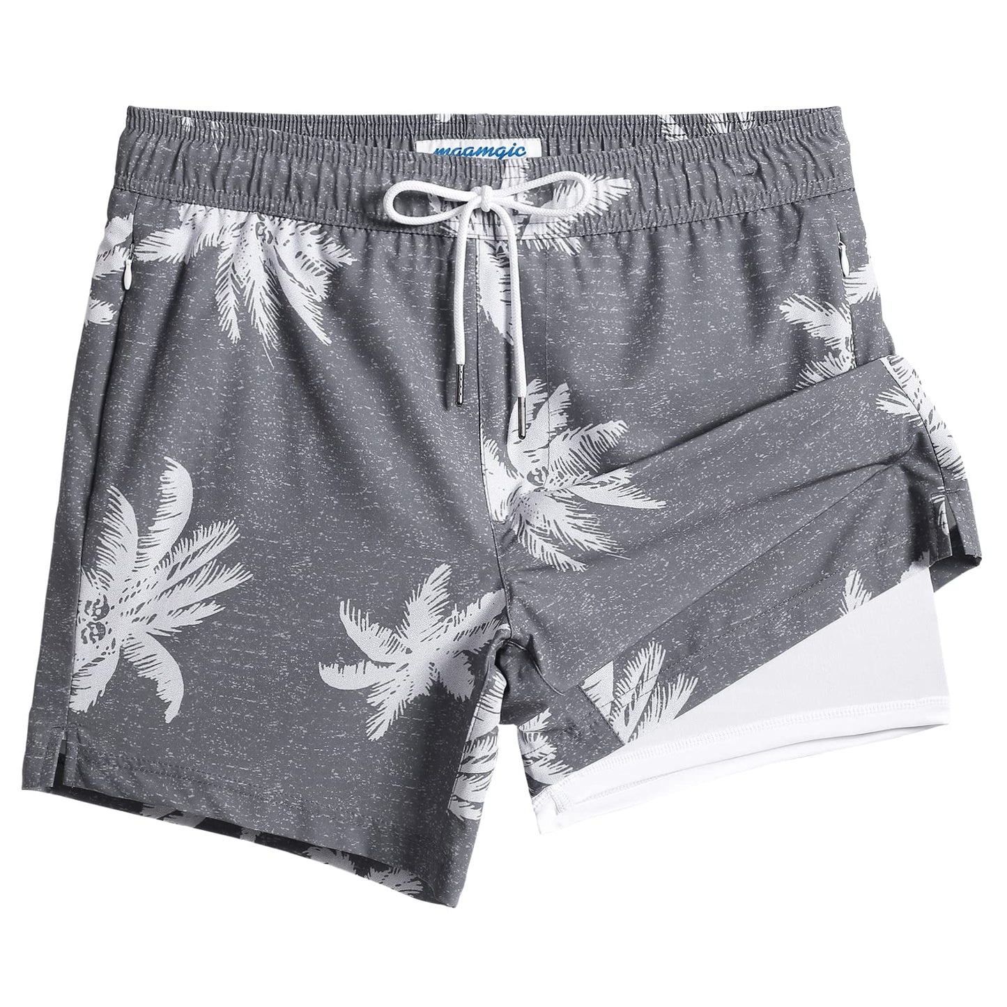 maamgic Mens Swim Trunks with Compression Liner 5" Stretch Beach Shorts Quick Dry with Zipper Pockets No-Chafing Board Shorts Gray-Palm Tree XS