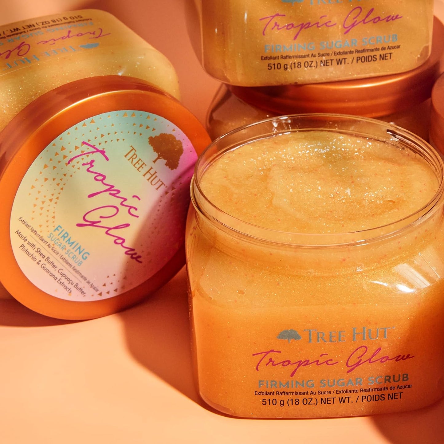 Tree Hut Tropic Glow Shea Sugar Scrub, Exfoliates and Smooths for Soft, Radiant Glow, Warm Scent with Almond, Golden Amber, and Sandalwood, 18 oz