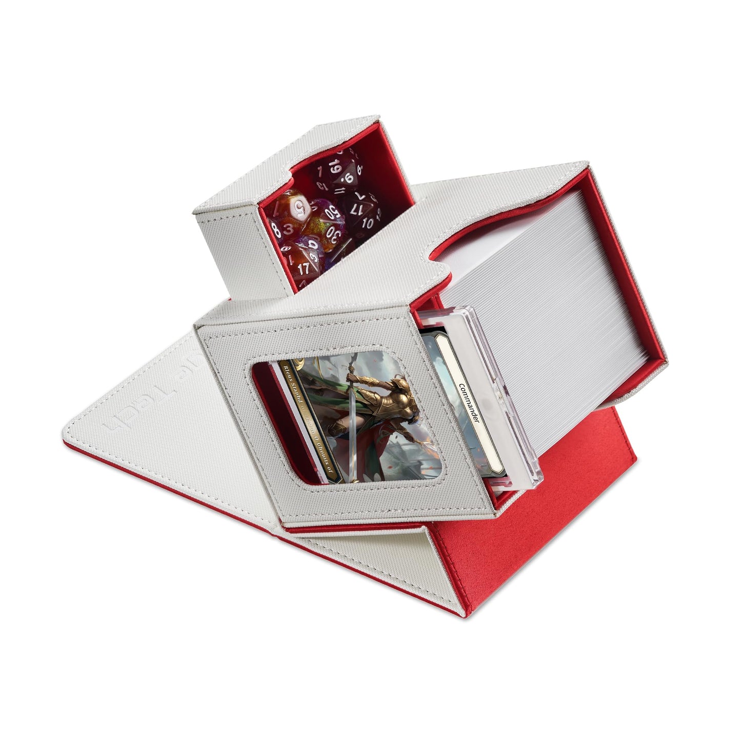 Mage Tech Card Deck Box for MTG Commander - Patented Design, Commander Display, Fits 100 Double-Sleeved Cards, 35pt Card Brick & Dice Tray - White/Red